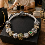 Sterling Silver the Refined Cyber XL Size Charms Bracelet Set With Enamel In White Gold Plated For Men (Includes bracelet and all charms shown)