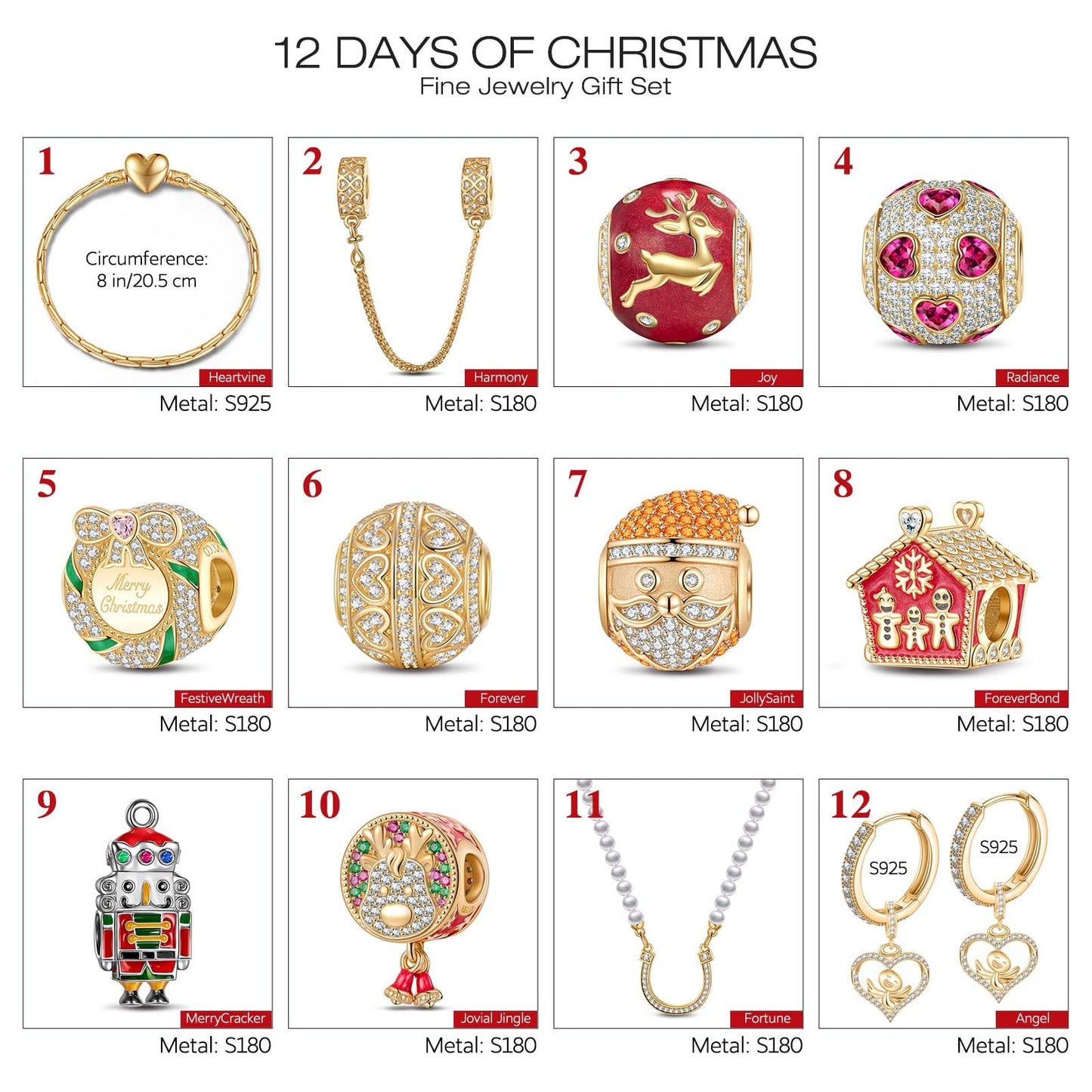 The Iconic Advent Calendar - 12 Days of Christmas Fine Jewelry Gift Set: Sterling Silver Christmas Red Earrings and Charms Bracelet Set With Enamel and Necklace In 14K Gold Plated