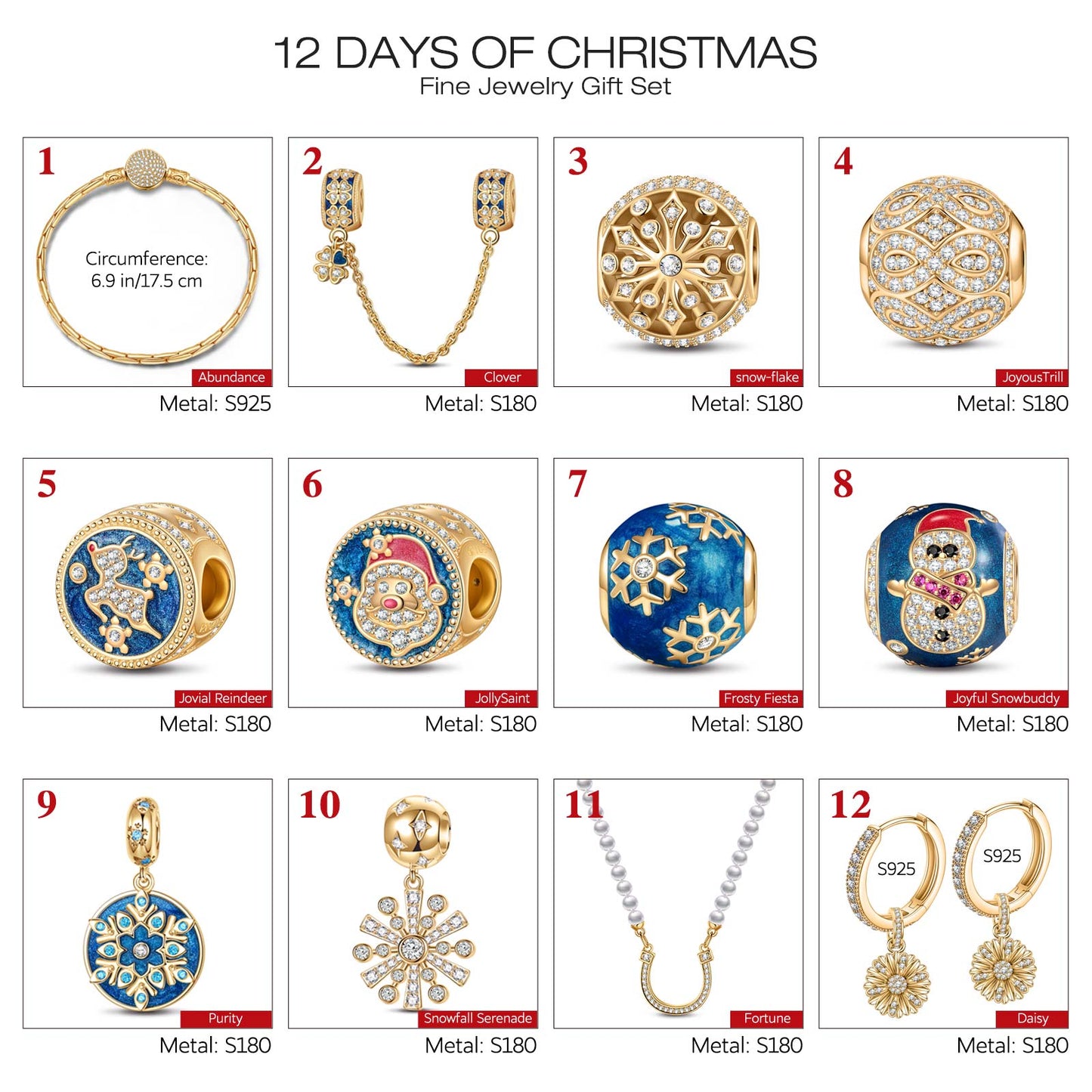 The Iconic Advent Calendar - 12 Days of Christmas Fine Jewelry Gift Set: Sterling Silver Ice Blue Earrings and Charms Bracelet Set With Enamel and Necklace In 14K Gold Plated
