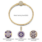 Sterling Silver Blooming Four-leaf Clover Charms Bracelet Set With Enamel In 14K Gold Plated (Includes bracelet and all charms shown)