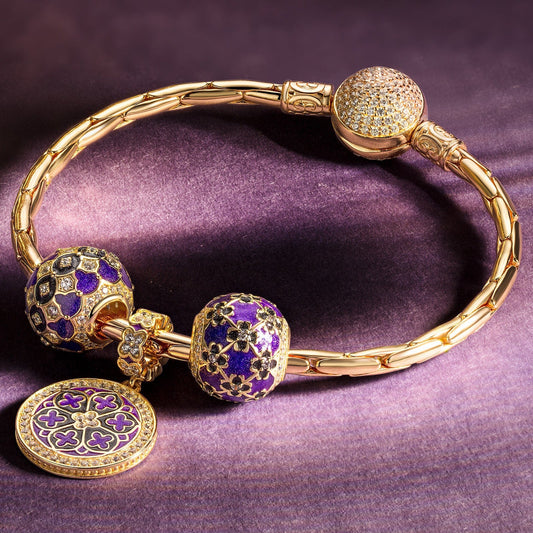 gona- Sterling Silver The Purple Flower Sea Charms Bracelet Set With Enamel In 14K Gold Plated (Includes bracelet and all charms shown)