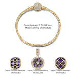 Sterling Silver The Purple Flower Sea Charms Bracelet Set With Enamel In 14K Gold Plated (Includes bracelet and all charms shown)