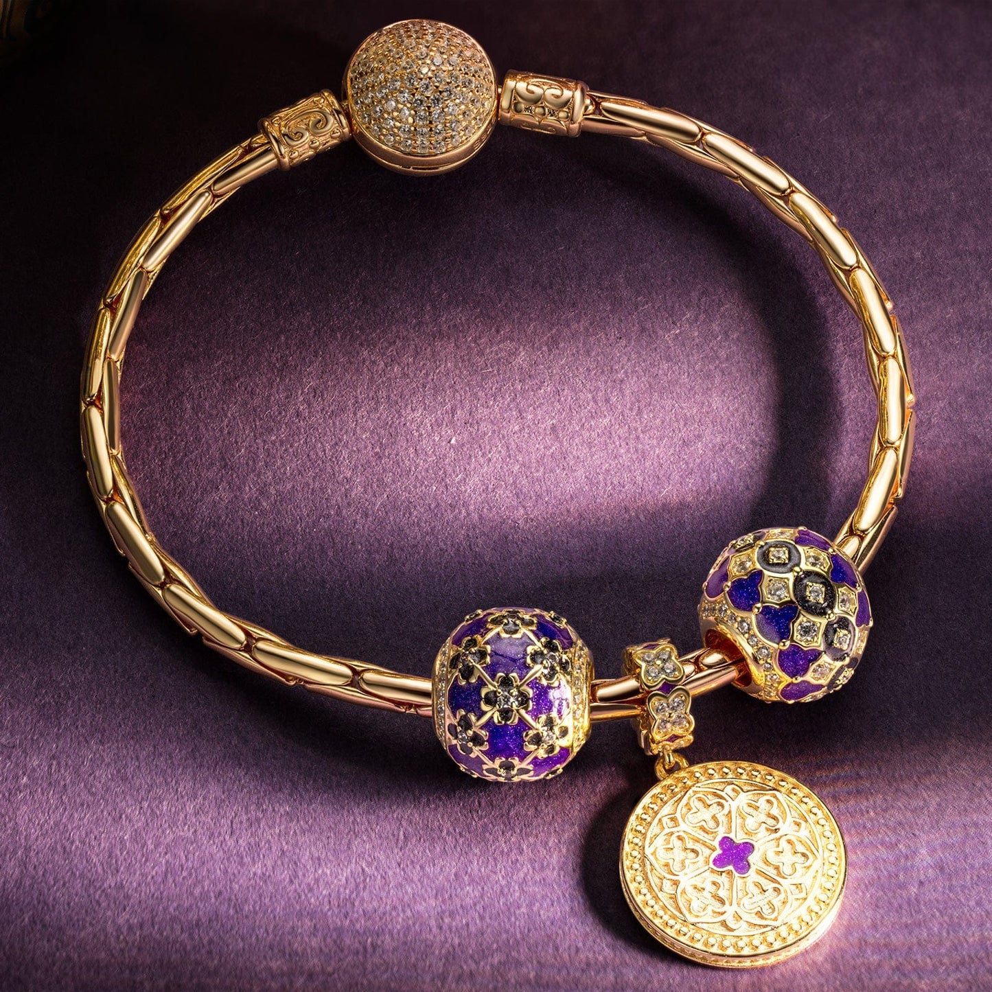 Sterling Silver The Purple Flower Sea Charms Bracelet Set With Enamel In 14K Gold Plated