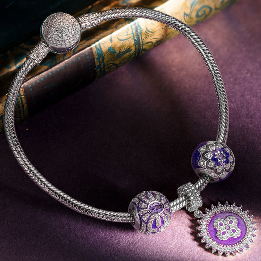 gona- Sterling Silver Flowers in Full Bloom Charms Bracelet Set With Enamel In White Gold Plated (Includes bracelet and all charms shown)