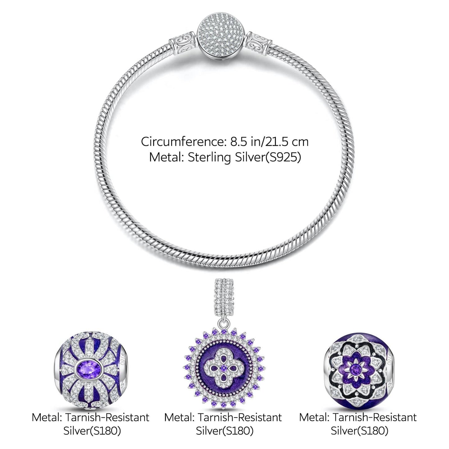 Sterling Silver Flowers in Full Bloom Charms Bracelet Set With Enamel In White Gold Plated (Includes bracelet and all charms shown)