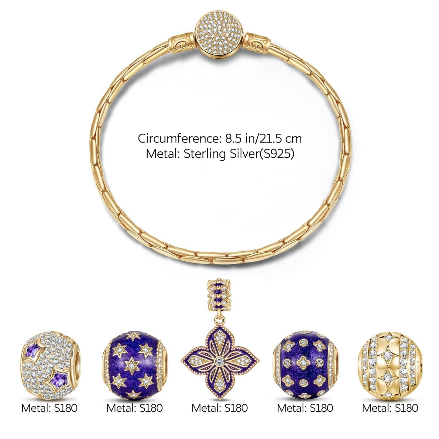 Sterling Silver Stars and Clover Charms Bracelet Set With Enamel In 14K Gold Plated (Includes bracelet and all charms shown)