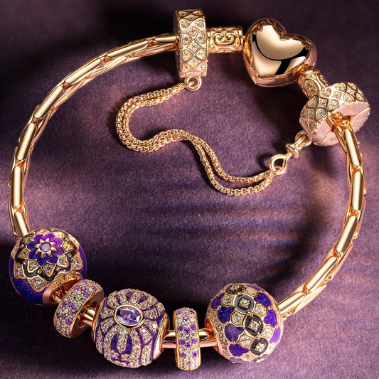 gona- Sterling Silver Brilliant Blossoms Charms Bracelet Set With Enamel In 14K Gold Plated (Includes bracelet and all charms shown)