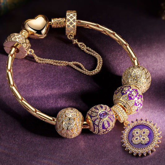 gona- Sterling Silver Infinite Flower Sea Charms Bracelet Set With Enamel In 14K Gold Plated (Includes bracelet and all charms shown)