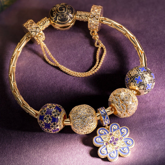 gona- Sterling Silver Four-leaf Clover Pattern Charms Bracelet Set With Enamel In 14K Gold Plated (Includes bracelet and all charms shown)