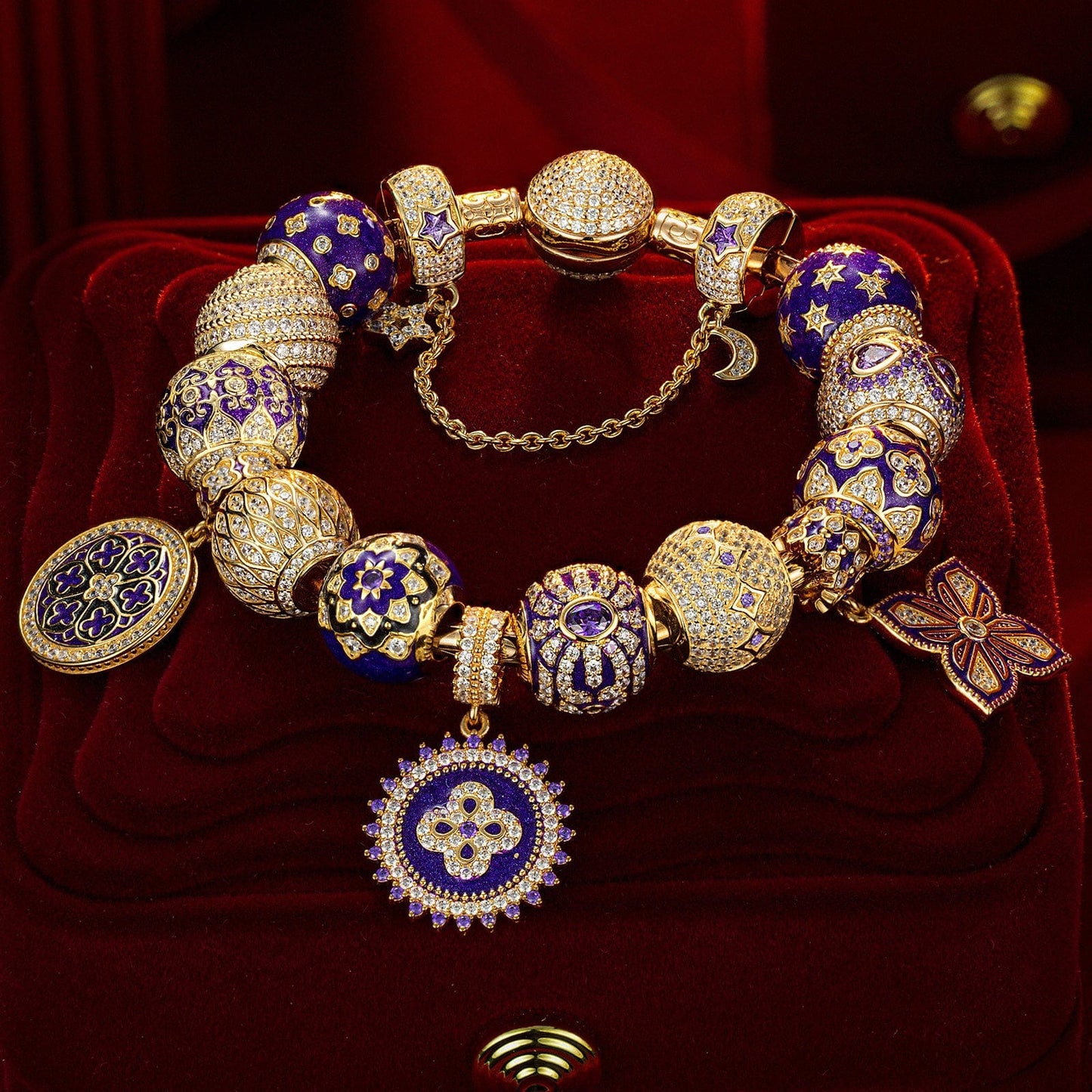 [💥As @mygreatchallenge's Pick] Sterling Silver Violet Dreamland Charms Bracelet Set With Enamel In 14K Gold Plated