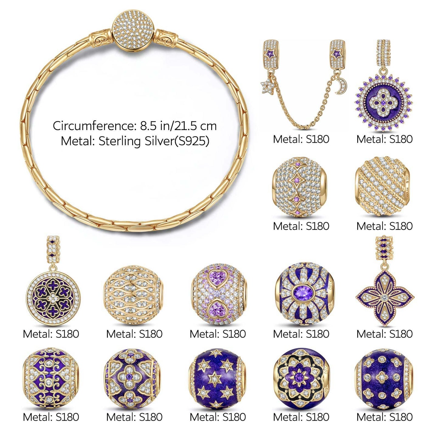 [💥As @mygreatchallenge's Pick] Sterling Silver Violet Dreamland Charms Bracelet Set With Enamel In 14K Gold Plated (Includes bracelet and all charms shown)