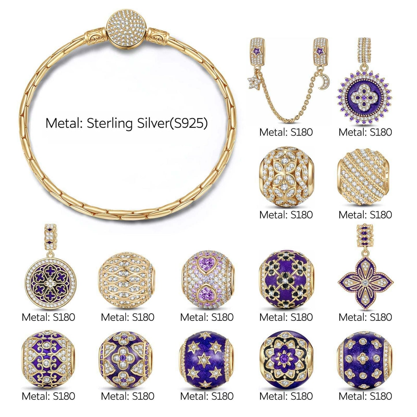 [💥As @mygreatchallenge's Pick] Sterling Silver Violet Dreamland Charms Bracelet Set With Enamel In 14K Gold Plated (Includes bracelet and all charms shown)