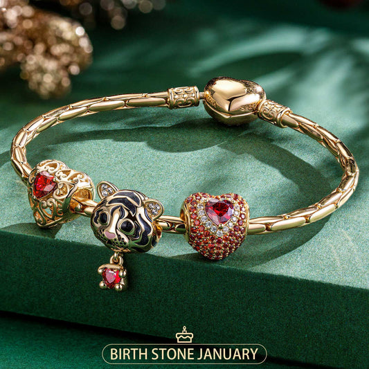 gona- Sterling Silver January Birthstone Embrace the Love Animals Charms Bracelet Set With Enamel In 14K Gold Plated - Heartful Hugs Collection (Includes bracelet and all charms shown)