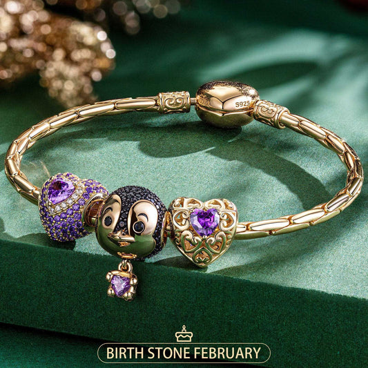 gona- Sterling Silver February Birthstone Embrace the Love Animals Charms Bracelet Set In 14K Gold Plated - Heartful Hugs Collection (Includes bracelet and all charms shown)