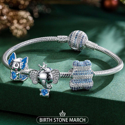 gona- Sterling Silver March Birthstone Embrace the Love Animals Charms Bracelet Set With Enamel In White Gold Plated - Heartful Hugs Collection (Includes bracelet and all charms shown)