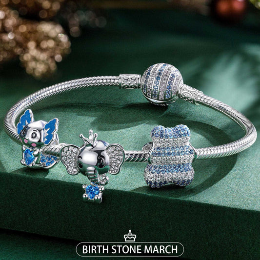 gon- Sterling Silver March Birthstone Embrace the Love Animals Charms Bracelet Set With Enamel In White Gold Plated - Heartful Hugs Collection