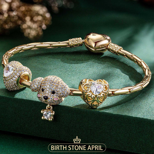gona- Sterling Silver April Birthstone Embrace the Love Animals Charms Bracelet Set In 14K Gold Plated - Heartful Hugs Collection (Includes bracelet and all charms shown)