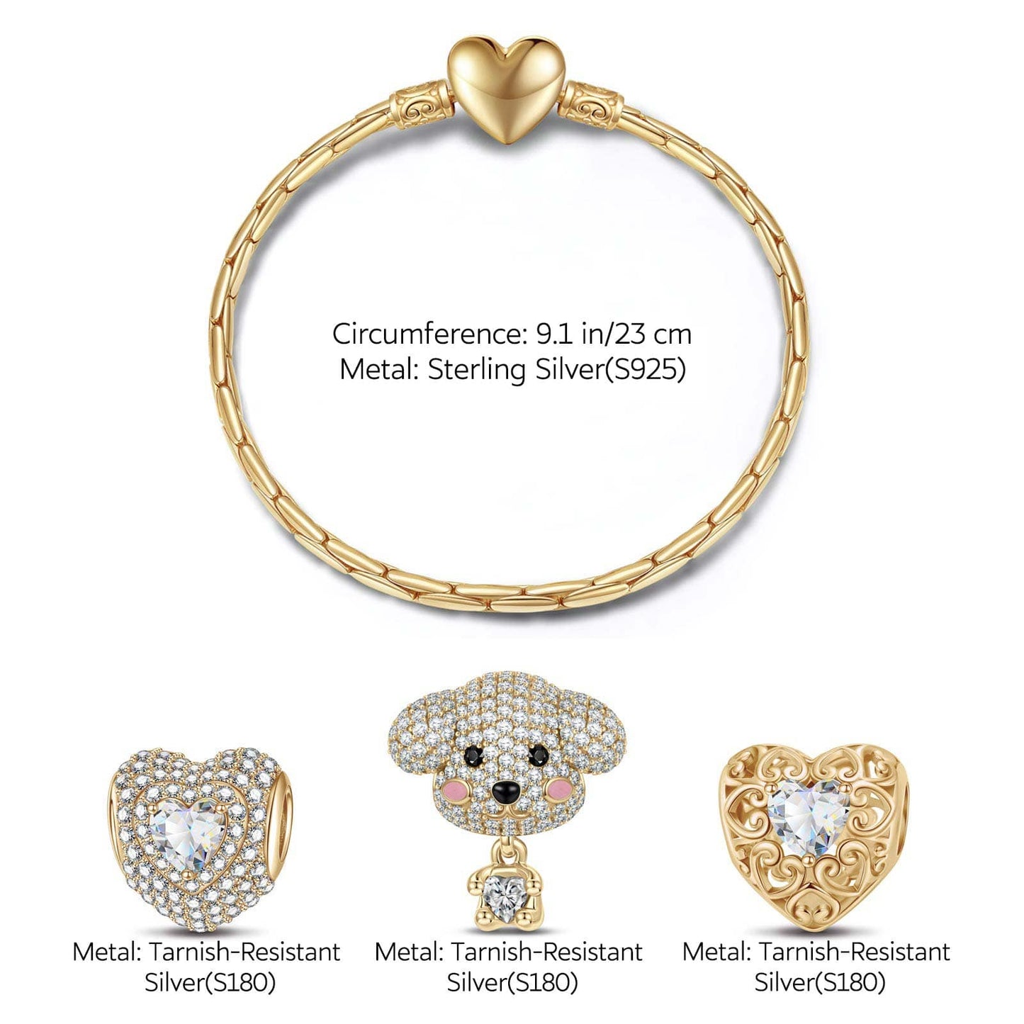 Sterling Silver April Birthstone Embrace the Love Animals Charms Bracelet Set In 14K Gold Plated - Heartful Hugs Collection (Includes bracelet and all charms shown)