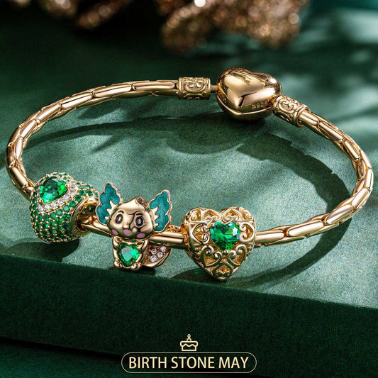 gona- Sterling Silver May Birthstone Embrace the Love Animals Charms Bracelet Set With Enamel In 14K Gold Plated - Heartful Hugs Collection (Includes bracelet and all charms shown)