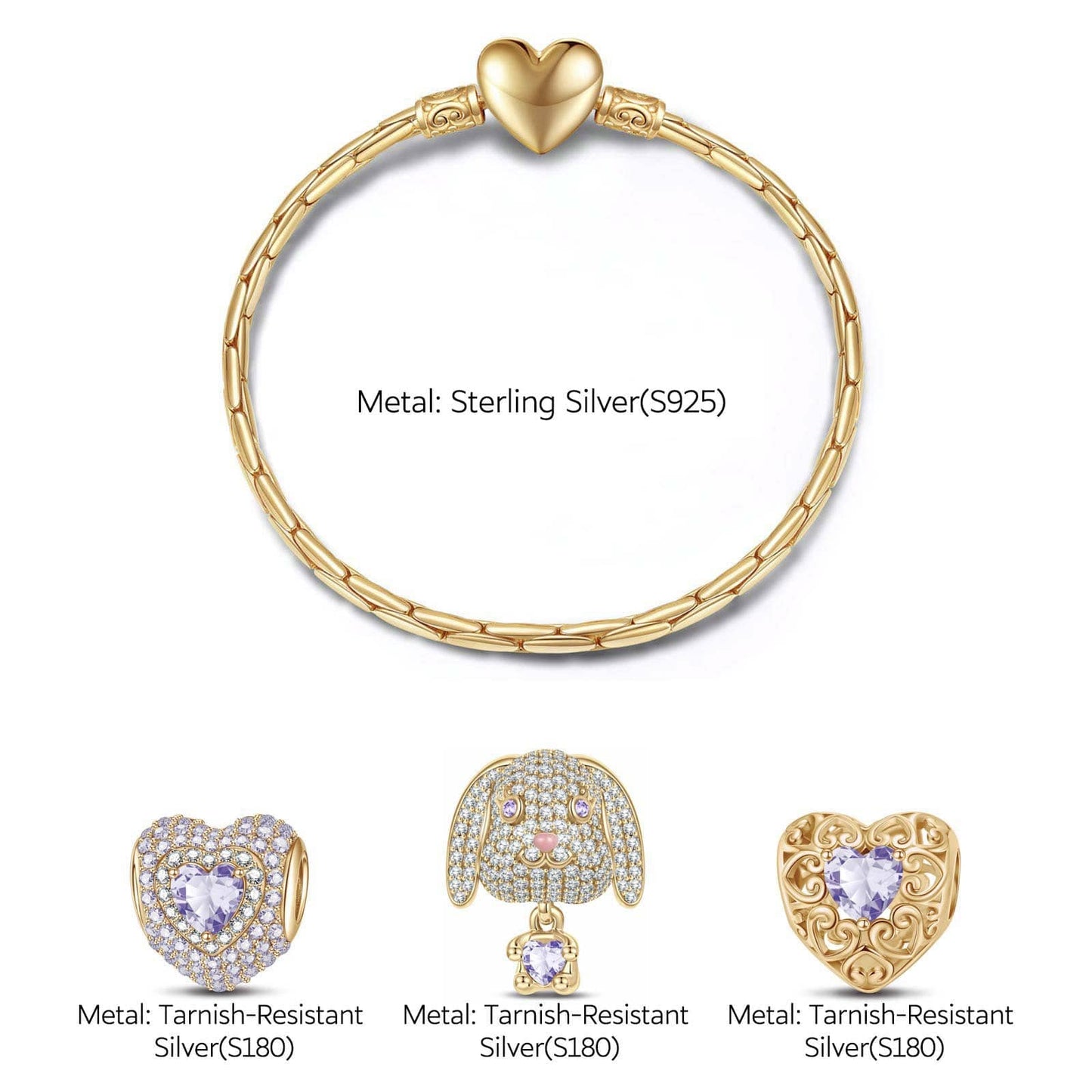 Sterling Silver June Birthstone Embrace the Love Animals Charms Bracelet Set In 14K Gold Plated - Heartful Hugs Collection (Includes bracelet and all charms shown)