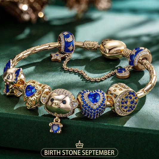 gona- Sterling Silver September Birthstone Embrace the Love Animals Charms Bracelet Set With Enamel In 14K Gold Plated - Heartful Hugs Collection (Includes bracelet and all charms shown)