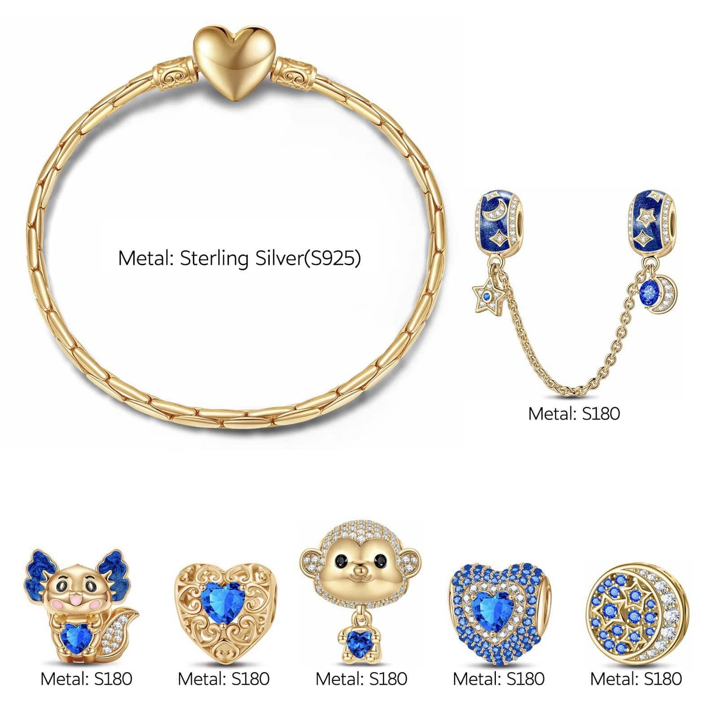Sterling Silver September Birthstone Embrace the Love Animals Charms Bracelet Set With Enamel In 14K Gold Plated - Heartful Hugs Collection (Includes bracelet and all charms shown)