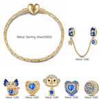 Sterling Silver September Birthstone Embrace the Love Animals Charms Bracelet Set With Enamel In 14K Gold Plated - Heartful Hugs Collection (Includes bracelet and all charms shown)