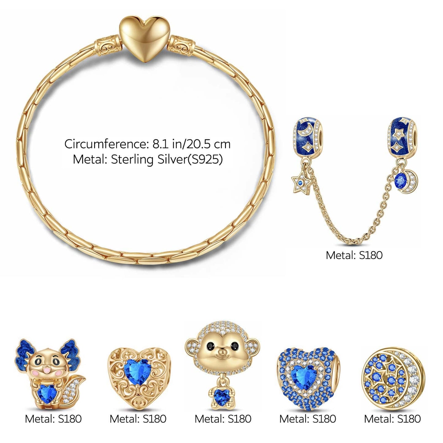 Sterling Silver September Birthstone Embrace the Love Animals Charms Bracelet Set With Enamel In 14K Gold Plated - Heartful Hugs Collection (Includes bracelet and all charms shown)