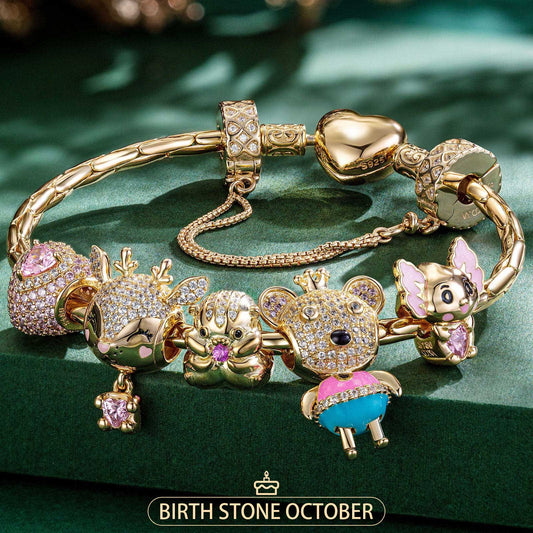 gon- Sterling Silver October Birthstone Embrace the Love Animals Charms Bracelet Set With Enamel In 14K Gold Plated - Heartful Hugs Collection