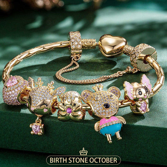 gona- Sterling Silver October Birthstone Embrace the Love Animals Charms Bracelet Set With Enamel In 14K Gold Plated - Heartful Hugs Collection (Includes bracelet and all charms shown)