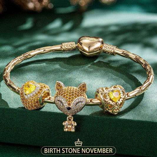 gona- Sterling Silver November Birthstone Embrace the Love Animals Charms Bracelet Set In 14K Gold Plated - Heartful Hugs Collection (Includes bracelet and all charms shown)