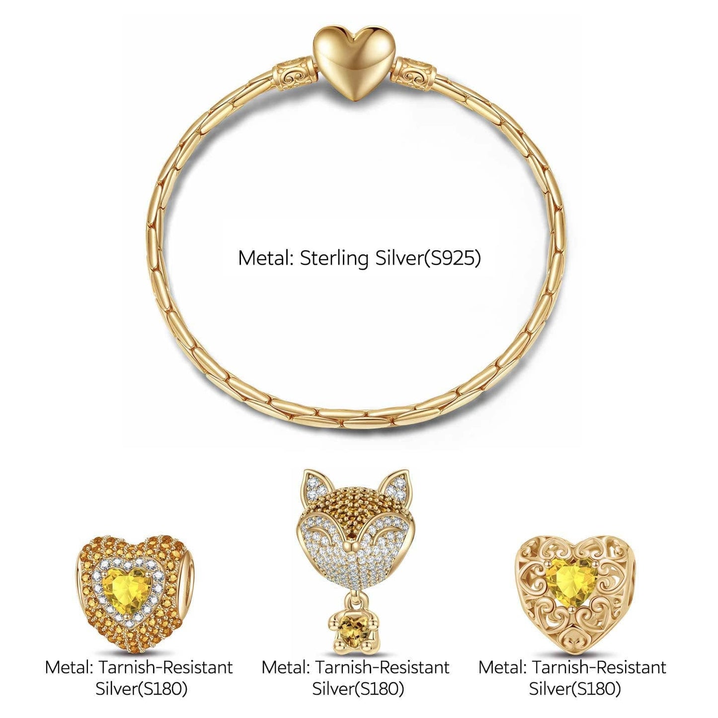 Sterling Silver November Birthstone Embrace the Love Animals Charms Bracelet Set In 14K Gold Plated - Heartful Hugs Collection (Includes bracelet and all charms shown)