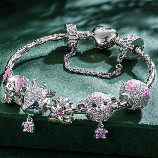 gon- Sterling Silver Fancy Pink Animals Charms Bracelet Set With Enamel In White Gold Plated - Heartful Hugs Collection