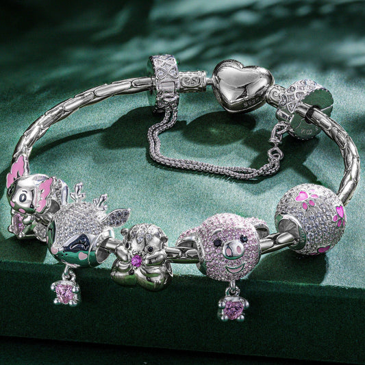 gon- Sterling Silver Fancy Pink Animals Charms Bracelet Set With Enamel In White Gold Plated - Heartful Hugs Collection (Includes bracelet and all charms shown)