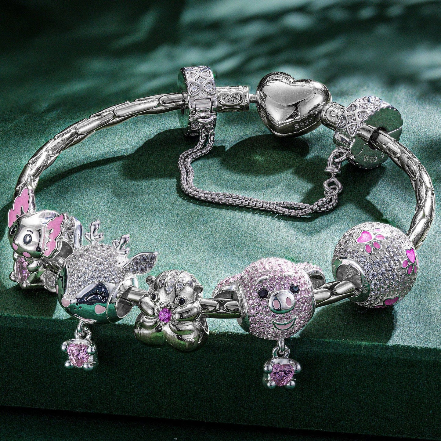 Sterling Silver Fancy Pink Animals Charms Bracelet Set With Enamel In White Gold Plated - Heartful Hugs Collection (Includes bracelet and all charms shown)