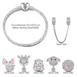 Sterling Silver Fancy Pink Animals Charms Bracelet Set With Enamel In White Gold Plated - Heartful Hugs Collection
