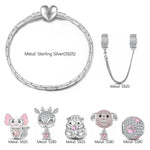 Sterling Silver Fancy Pink Animals Charms Bracelet Set With Enamel In White Gold Plated - Heartful Hugs Collection (Includes bracelet and all charms shown)