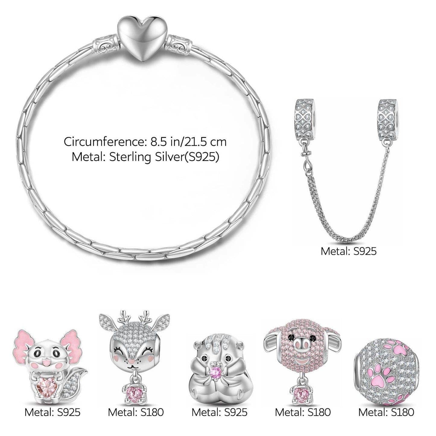 Sterling Silver Fancy Pink Animals Charms Bracelet Set With Enamel In White Gold Plated - Heartful Hugs Collection (Includes bracelet and all charms shown)