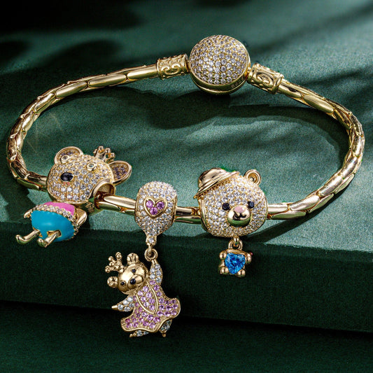 gona- Sterling Silver Dancing Little Bear Animals Charms Bracelet Set With Enamel In 14K Gold Plated - Heartful Hugs Collection (Includes bracelet and all charms shown)