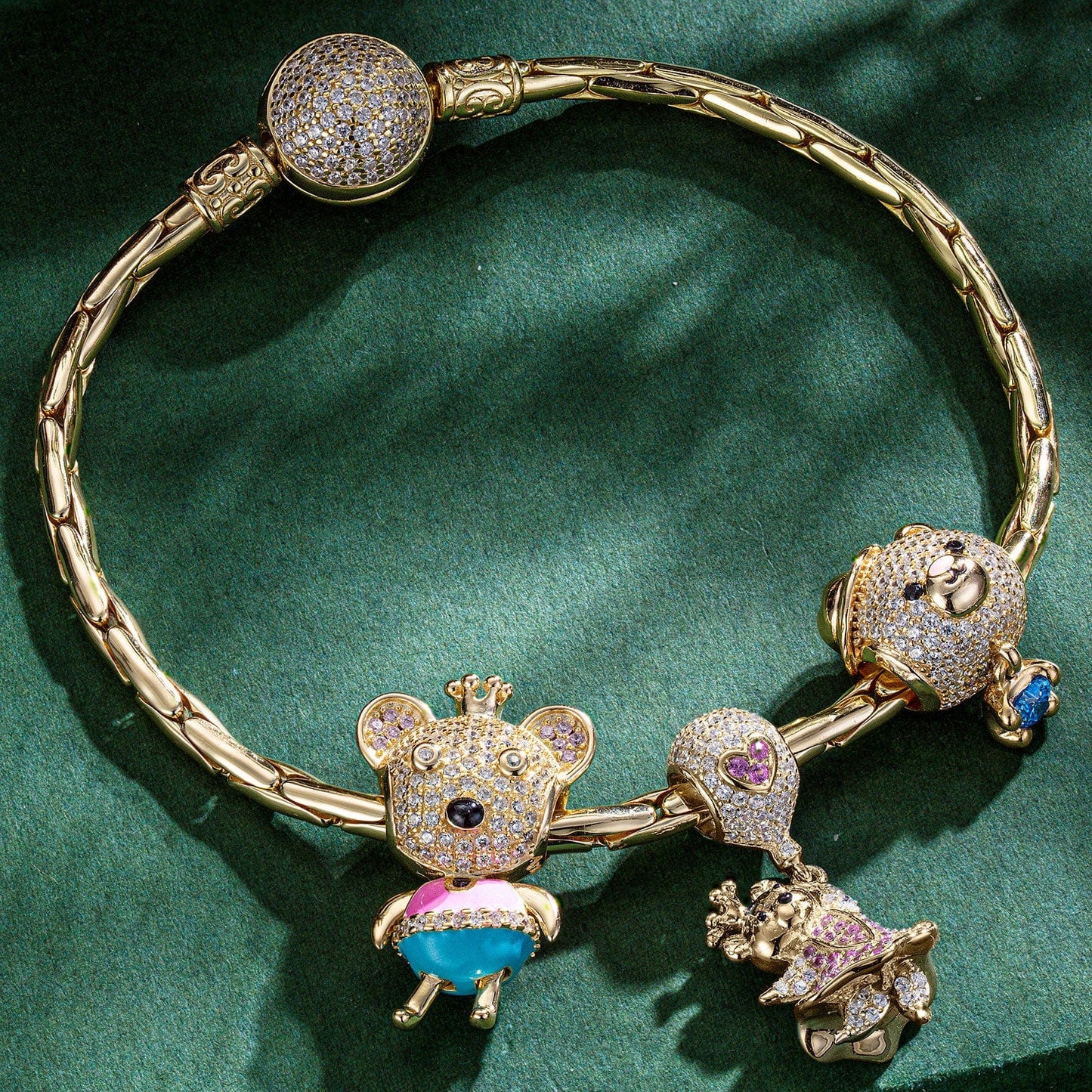 Sterling Silver Dancing Little Bear Animals Charms Bracelet Set With Enamel In 14K Gold Plated - Heartful Hugs Collection (Includes bracelet and all charms shown)