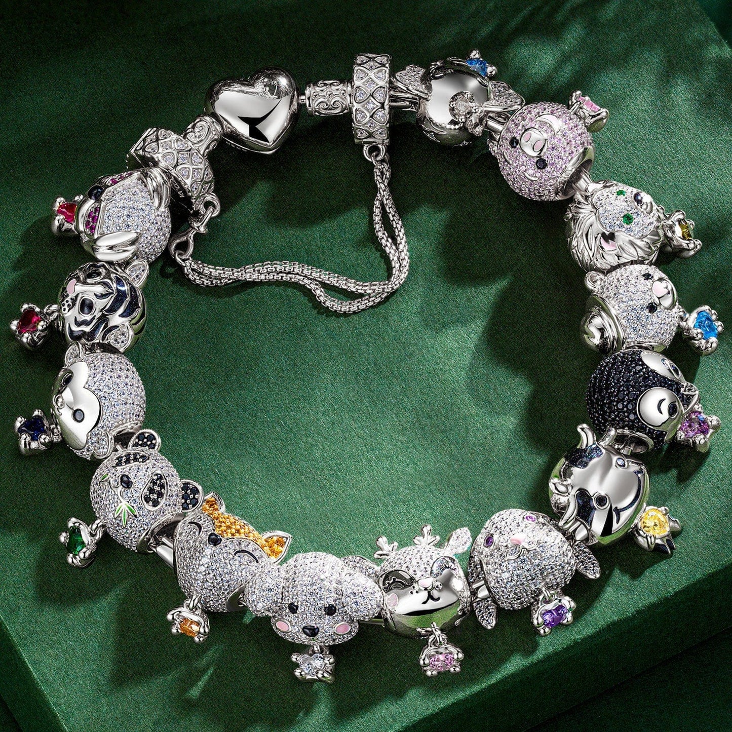 Sterling Silver Love You Baby Animals Charms Bracelet Set With Enamel In White Gold Plated - Heartful Hugs Collection (Includes bracelet and all charms shown)