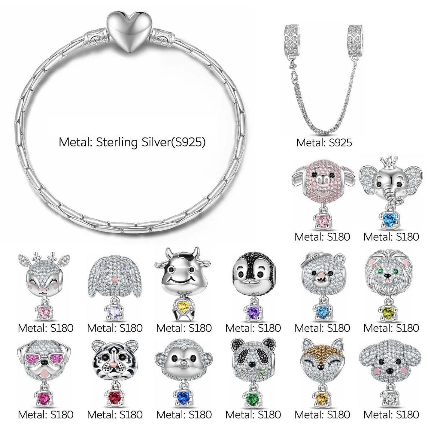 Sterling Silver Love You Baby Animals Charms Bracelet Set With Enamel In White Gold Plated - Heartful Hugs Collection (Includes bracelet and all charms shown)