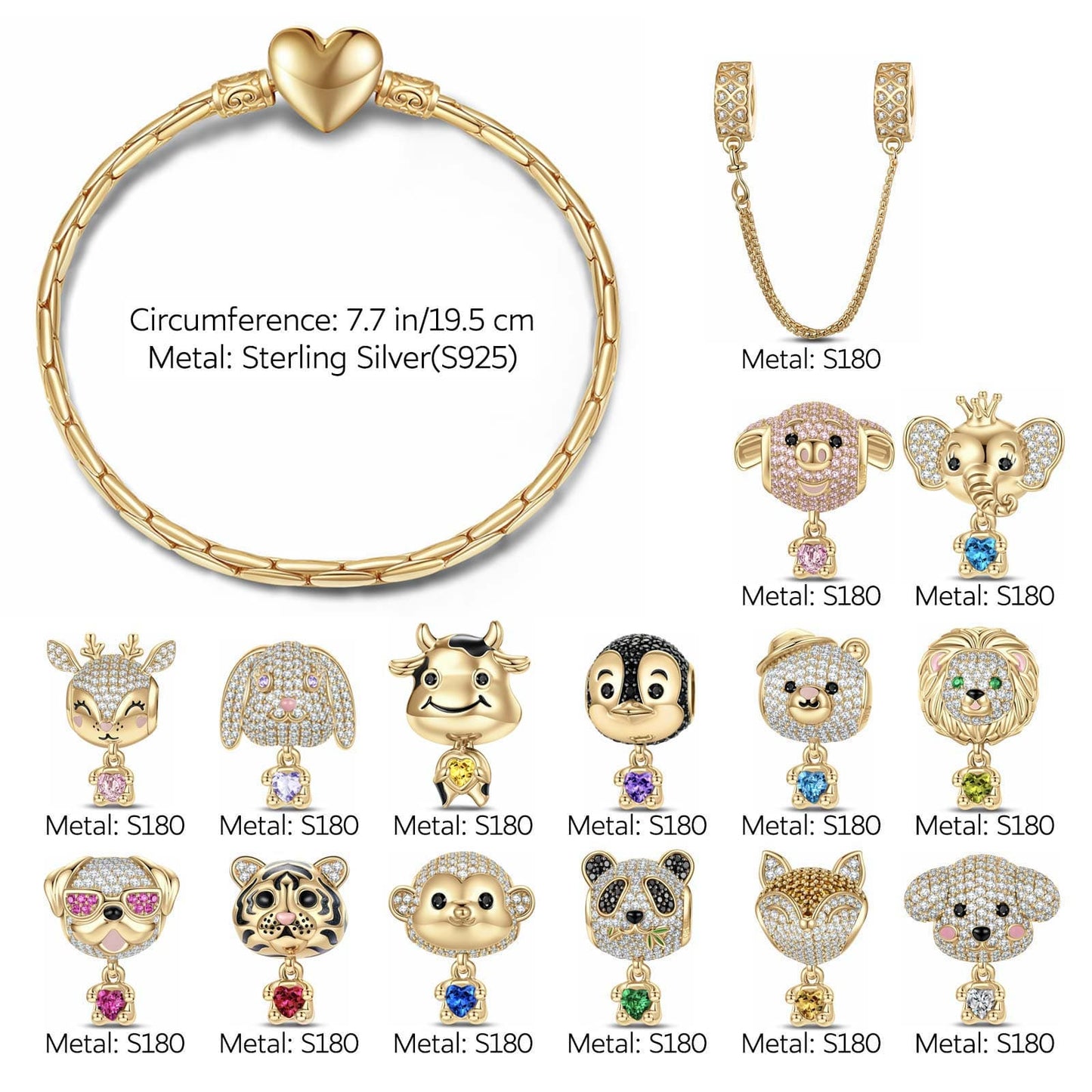 Sterling Silver Love You Baby Animals Charms Bracelet Set With Enamel In 14K Gold Plated - Heartful Hugs Collection (Includes bracelet and all charms shown)