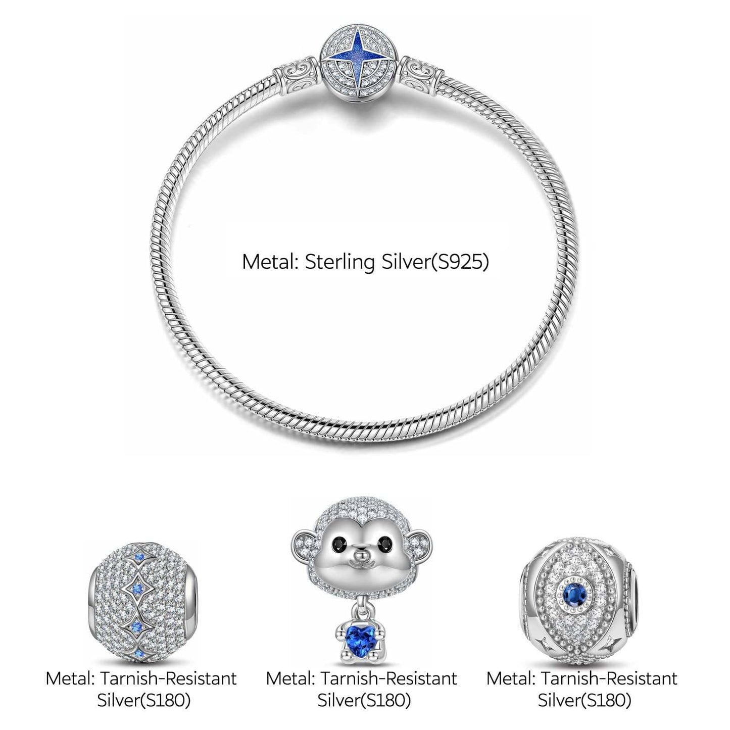 Sterling Silver Delightful Baby Monkey Animals Charms Bracelet Set In White Gold Plated - Heartful Hugs Collection (Includes bracelet and all charms shown)