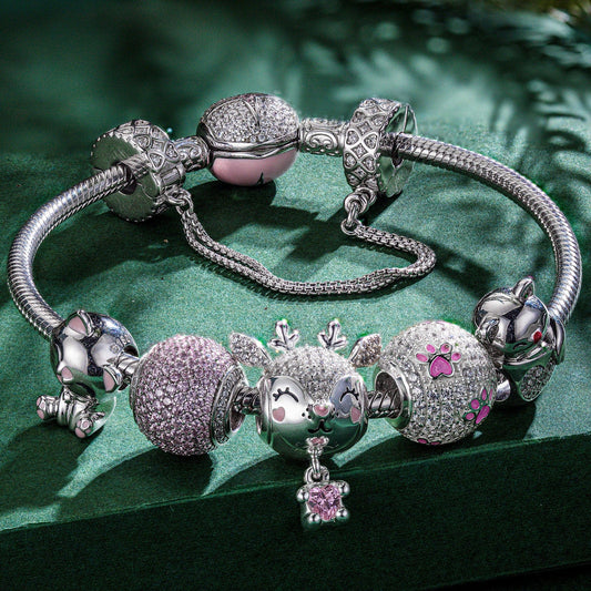 gon- Sterling Silver Kitten and Reindeer Animals Charms Bracelet Set With Enamel In White Gold Plated - Heartful Hugs Collection (Includes bracelet and all charms shown)