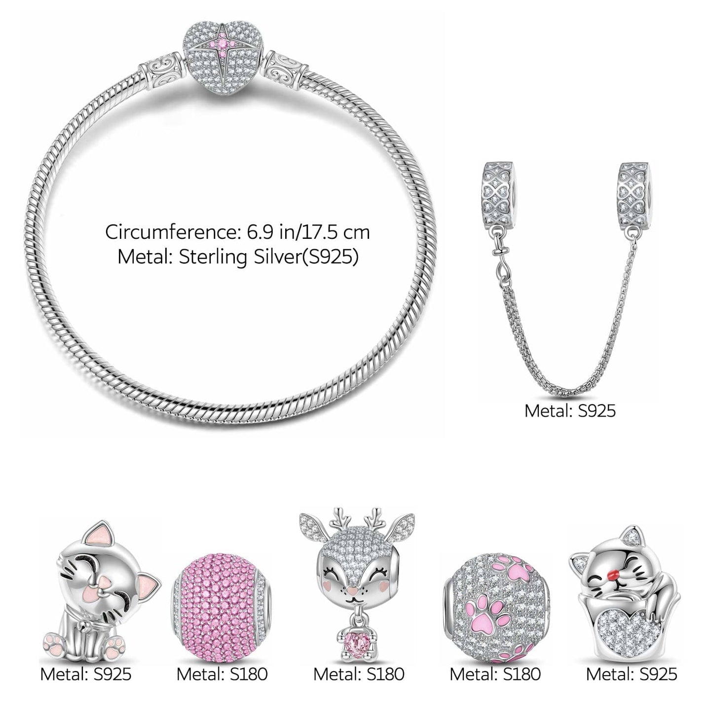 Sterling Silver Kitten and Reindeer Animals Charms Bracelet Set With Enamel In White Gold Plated - Heartful Hugs Collection