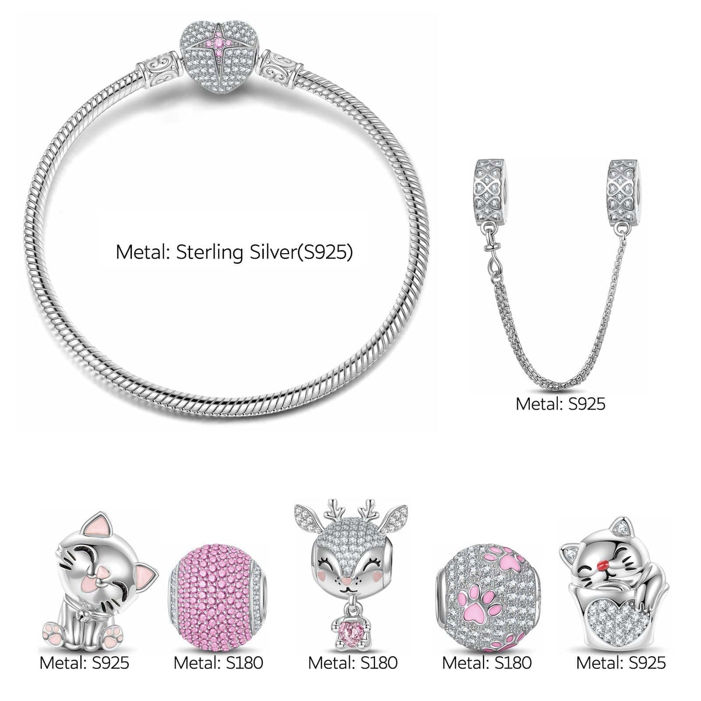 Sterling Silver Kitten and Reindeer Animals Charms Bracelet Set With Enamel In White Gold Plated - Heartful Hugs Collection (Includes bracelet and all charms shown)