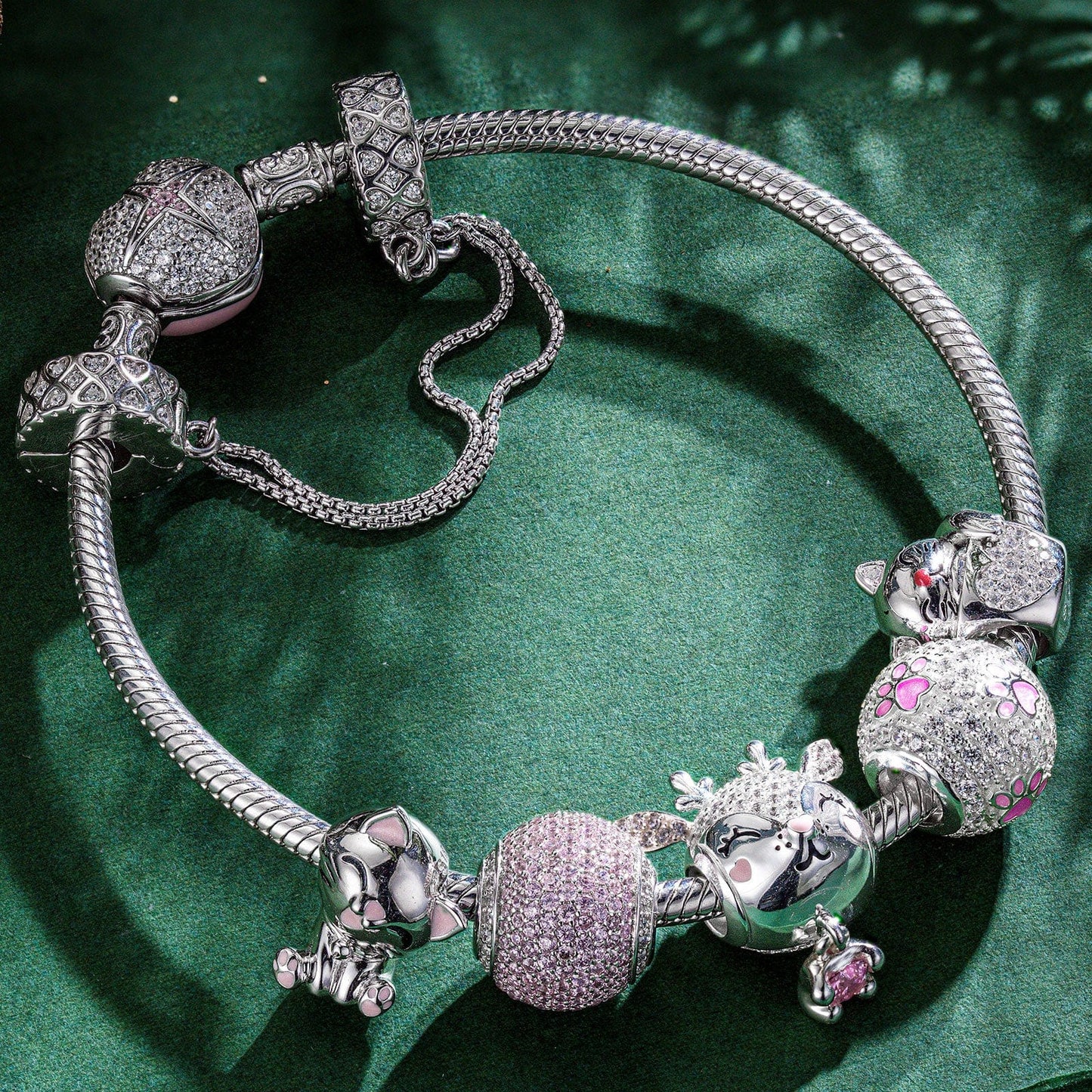 Sterling Silver Kitten and Reindeer Animals Charms Bracelet Set With Enamel In White Gold Plated - Heartful Hugs Collection (Includes bracelet and all charms shown)