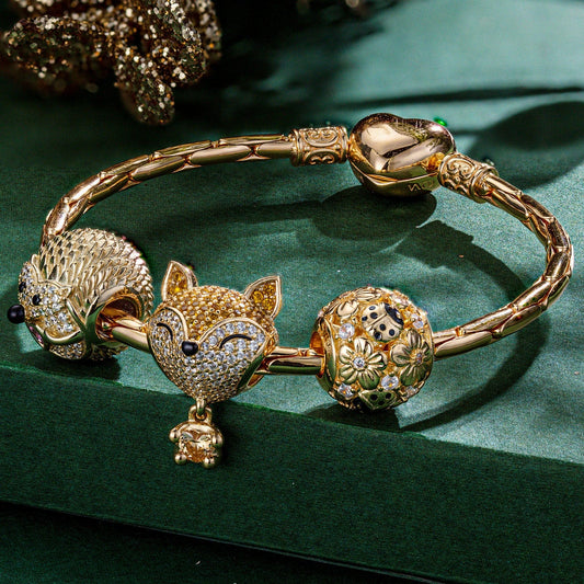 gona- Sterling Silver Little Fox and Hedgehog Animals Charms Bracelet Set In 14K Gold Plated - Heartful Hugs Collection (Includes bracelet and all charms shown)