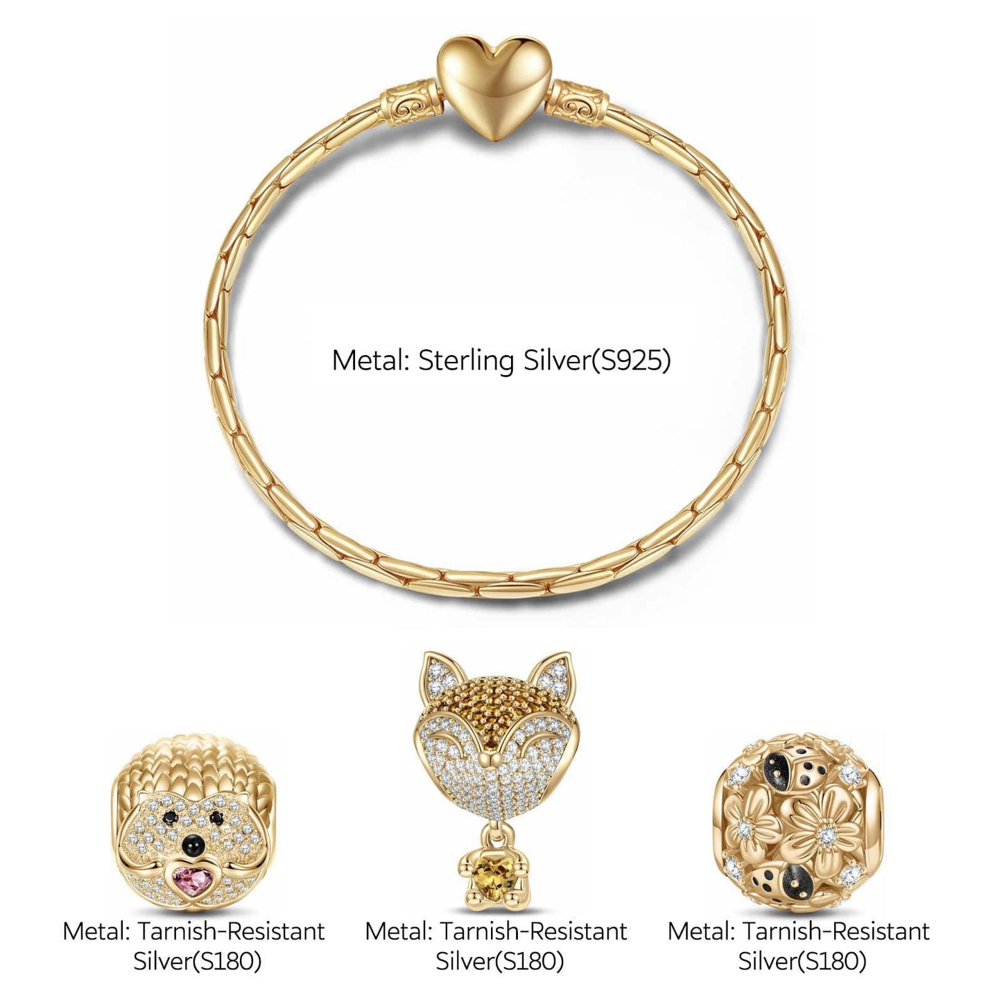 Sterling Silver Little Fox and Hedgehog Animals Charms Bracelet Set In 14K Gold Plated - Heartful Hugs Collection (Includes bracelet and all charms shown)